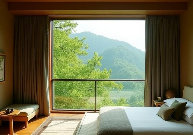 箱根のブティックホテルの客室から見える緑豊かな景色