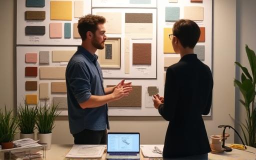 ムードボードと素材サンプルを前に議論するデザイナーとクライアント