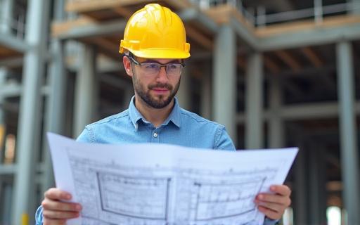 ヘルメットをかぶった建築家が建設現場で図面を確認している様子