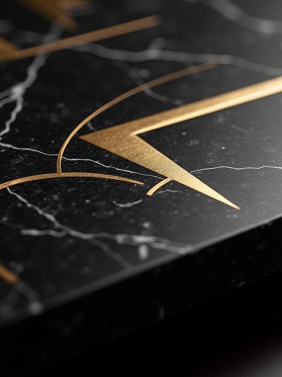 黒大理石に埋め込まれた真鍮の幾何学的な象嵌細工のクローズアップ